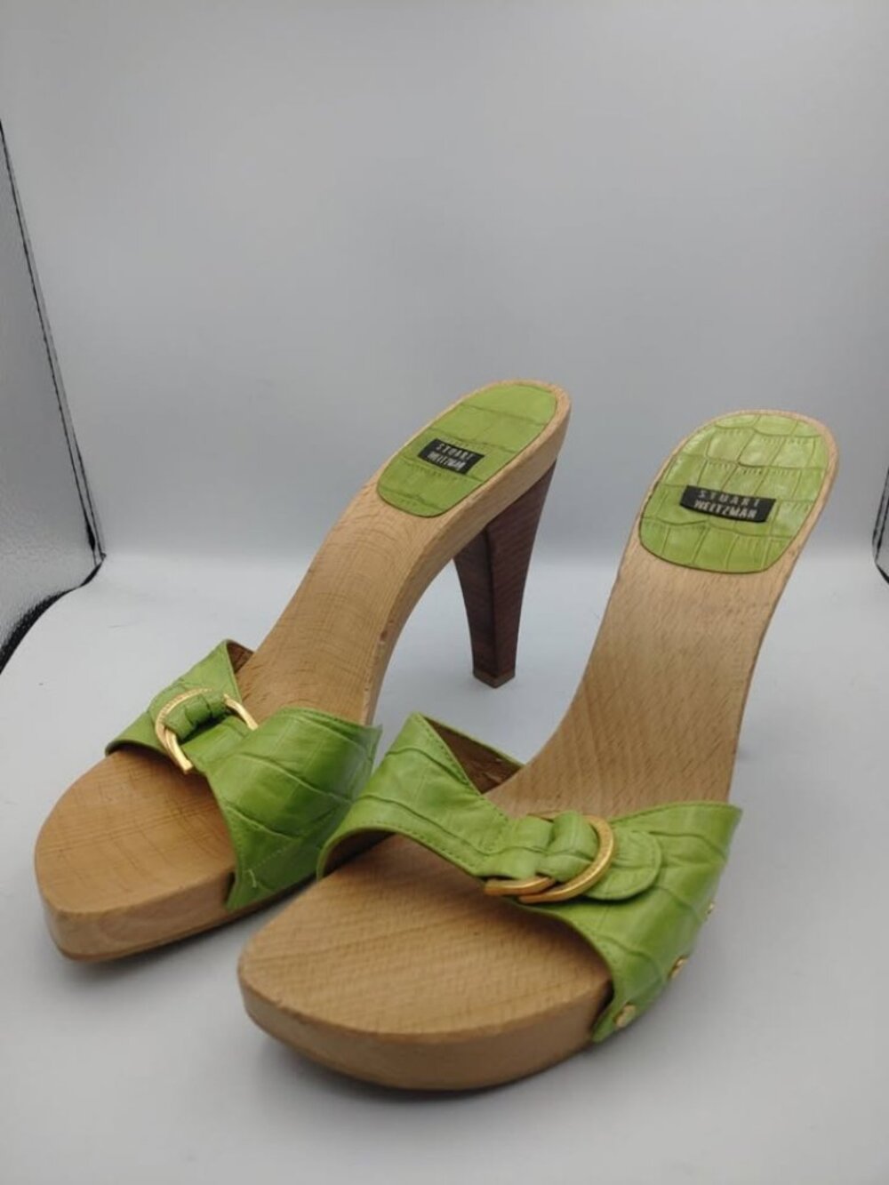 Stuart Weitzman Croc Green Slides Mules Stacked Heel Sexy Sz 9 Made In Spain